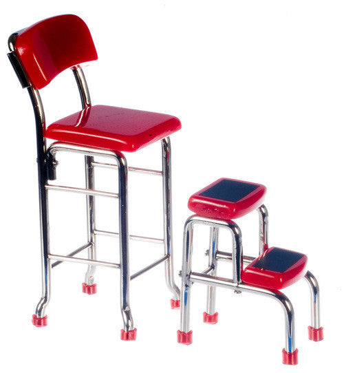 1950's Style Stool with Steps - Silver with Red