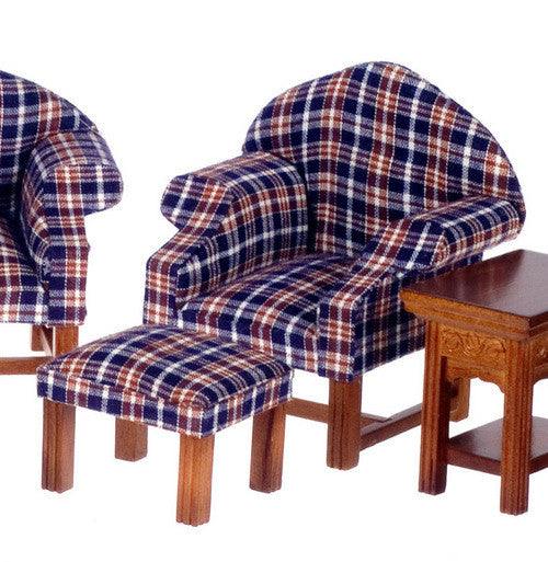 Dark Plaid Chair with Ottoman - Walnut- Navy, Brown, and White Plaid