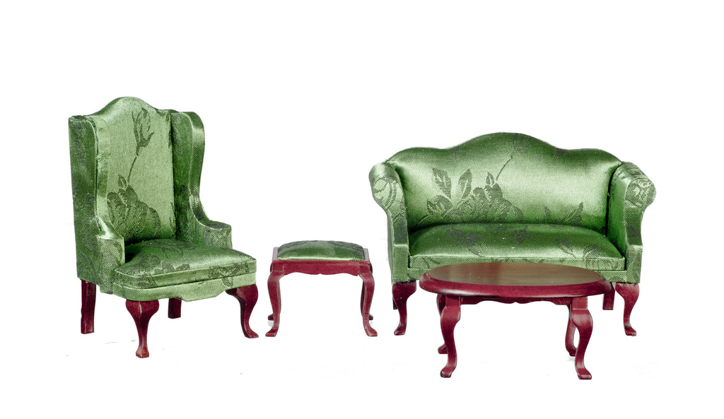 Queen Anne Small Living Room Set - Mahogany with Green Brocade