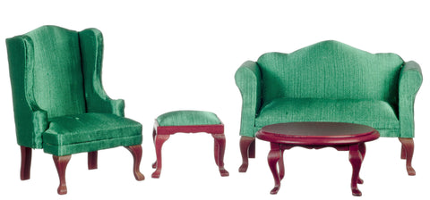 Queen Anne Small Living Room Set of 4 - Mahogany and Green