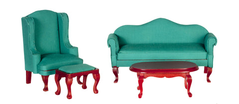 4pc Queen Anne Living Room Set - Green and Mahogany