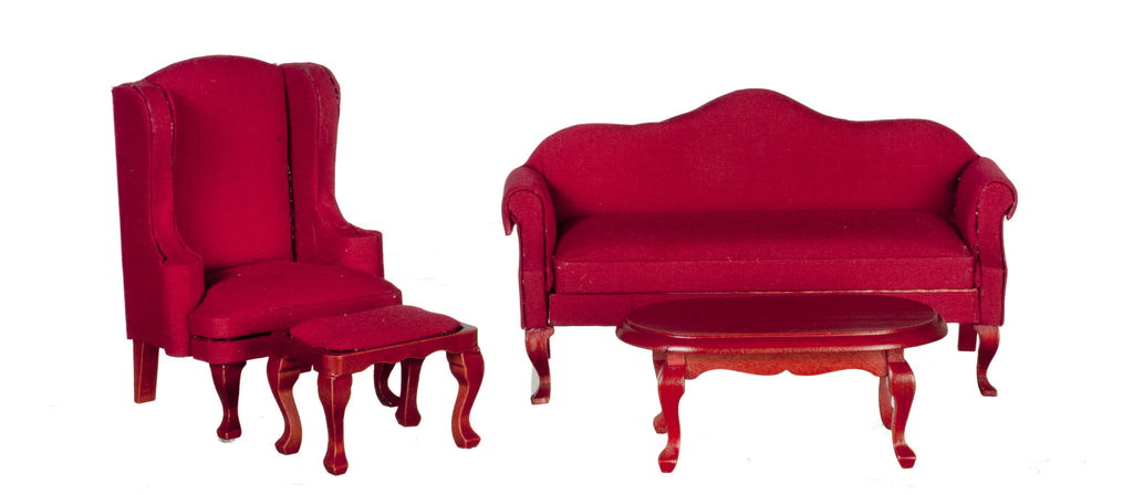 4 Pc Queen Anne Living Room Set - Red and Mahogany