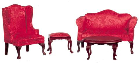 Queen Anne Small Living Room Set of 4 - Mahogany with Red
