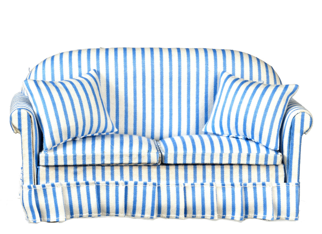 Traditional Sofa with Pillows- Blue and White Striped
