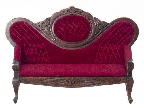 Victorian Mirrorback Sofa - Walnut with Dark Red