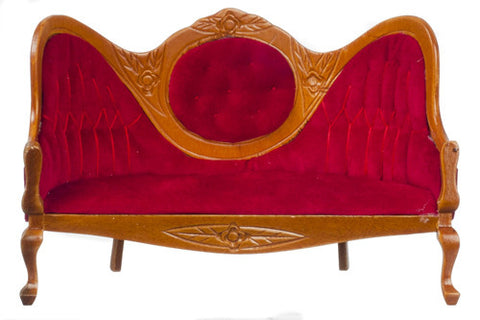 Victorian Mirrorback Sofa- Walnut with Red
