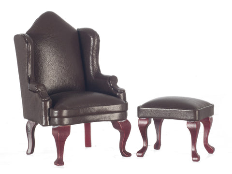 Leather Wing Chair with Ottoman - Brown