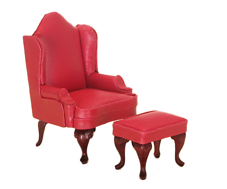 Wing Chair with Ottoman - Red Leather