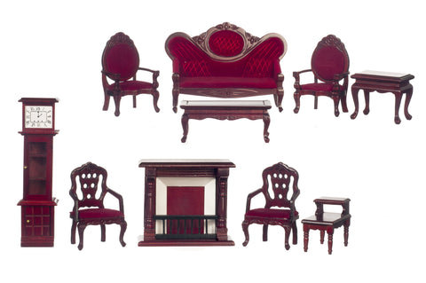 Victorian Living Room Set of 10 - Mahogany with Red