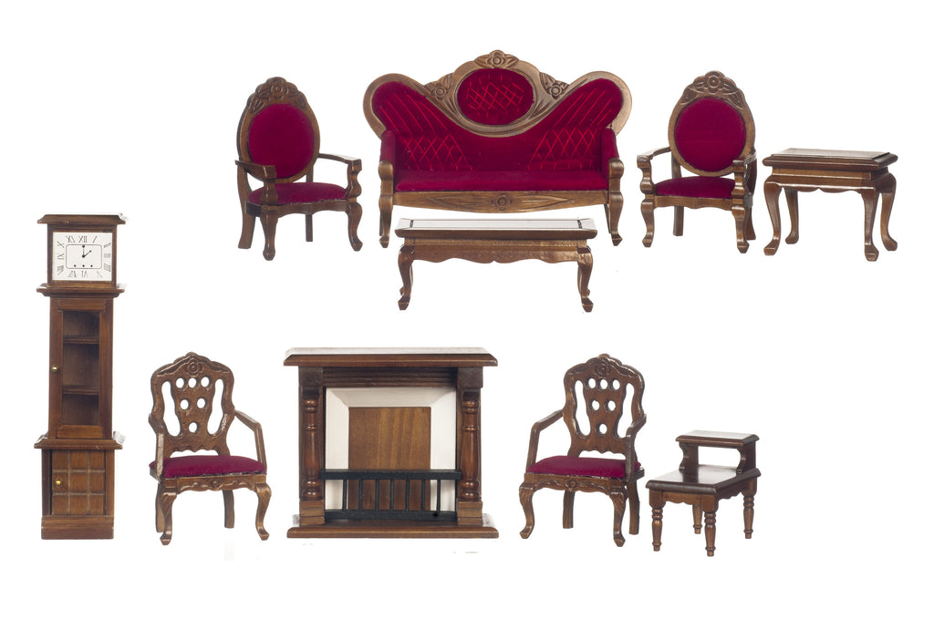 10 pc Victorian Living Room Set - Walnut with Dark Red