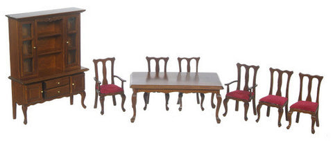 8pc Queen Ann Dining Room Set - Walnut with Red