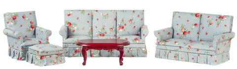 Traditional Blue Polka Dot Floral Living Room Set of 5 - Mahogany with blue, pink ,and green