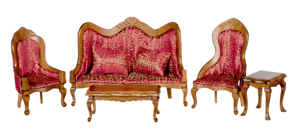5pc Victorian Living Room Set - Red and Walnut