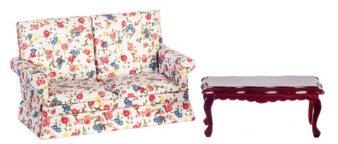 Traditional Floral Loveseat and Coffee Table Set - Mahogany