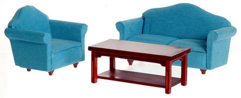 Small Living Room Set of 3- Mahogany with Blue