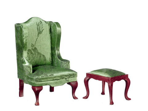 Queen Anne Wing Chair and Ottoman - Mahogany with Green Brocade