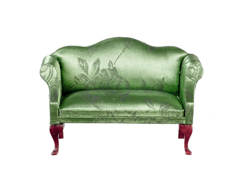 Queen Anne Loveseat - Mahogany with Green Brocade