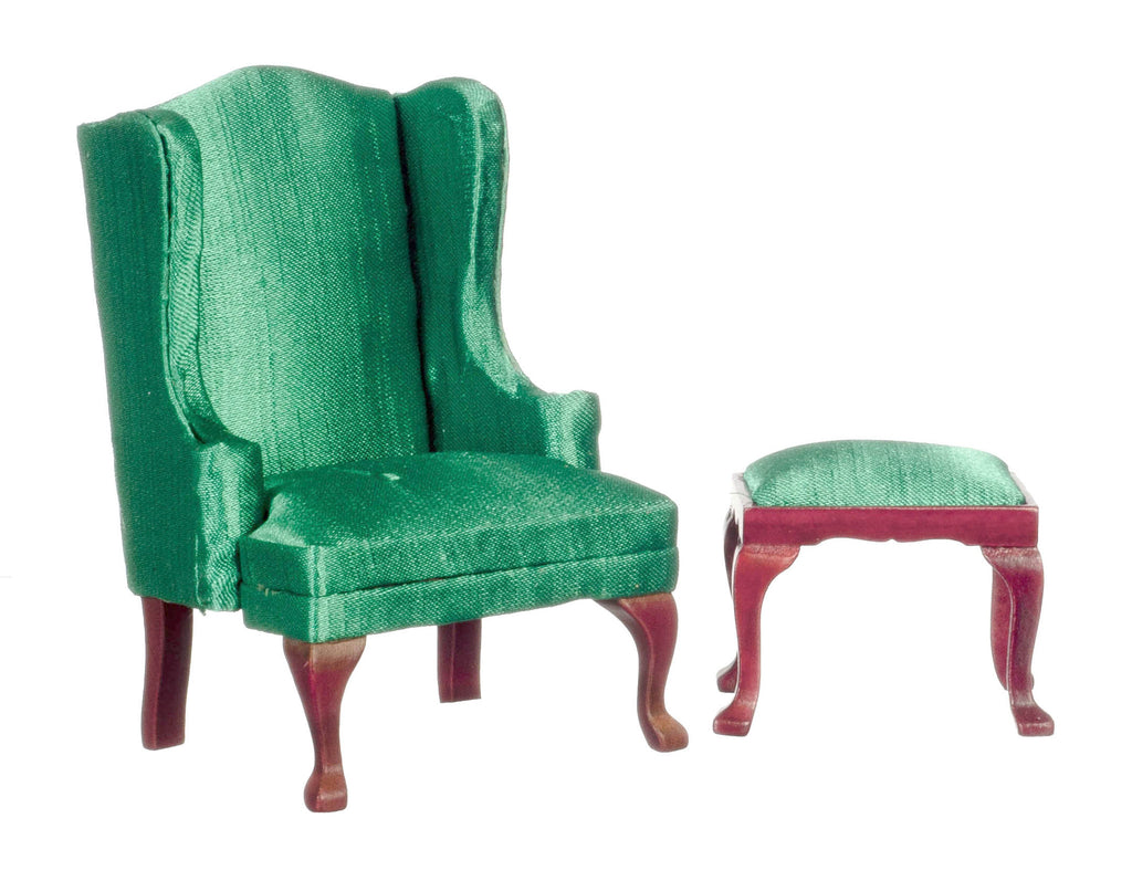 Queen Anne Wing Chair with Ottoman - Mahogany with Green