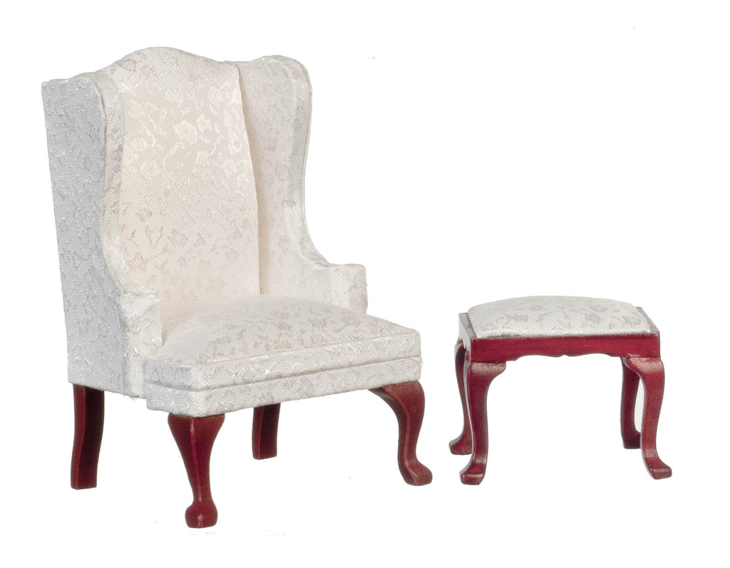 Queen Anne Wing Chair and Stool - Mahogany with White