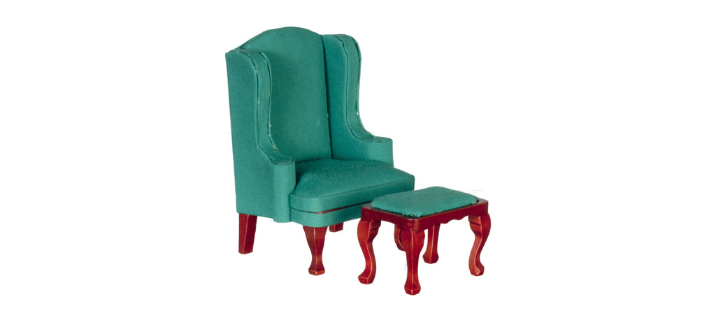 Queen Anne Wing Back Chair with Ottoman - Green and Mahogany