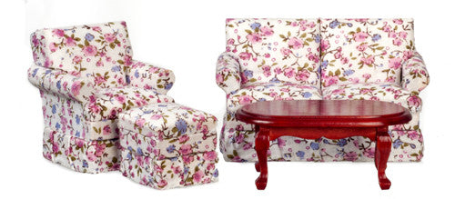 Traditional Floral Living Room Set of 4 - Mahogany white, pink and periwinkle