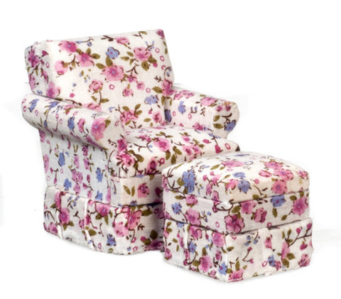 Traditional Floral Chair and Ottoman Set - Mahogany with white, green, pink, and periwinkle
