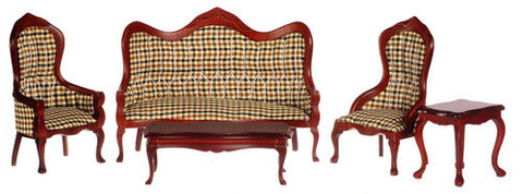 Victorian Living Room Set - Mahogany/Brown Plaid