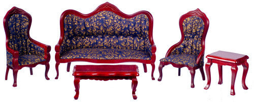Victorian Living Room Set - Mahogany with dark blue and gold