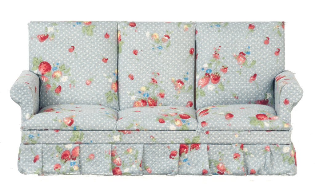 Traditional Polka dot and Floral Printed Sofa - Mahogany with white, light blue, pink, and green