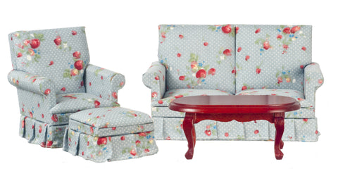 Traditional Polka Dot and Floral Living Room Set of 4 with mahogany