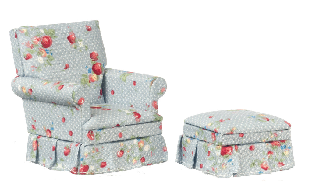 Traditional Polka Dot and Floral Chair and Ottoman Set - Mahogany blue, pink, white, green