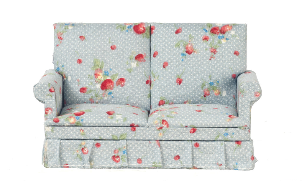 Traditional Polka Dot and Floral Printed Loveseat - Mahogany and white, blue, pink, and green