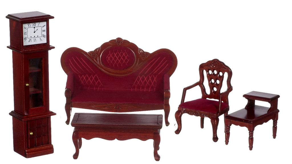 Victorian Living Room Set of 5- Mahogany with red