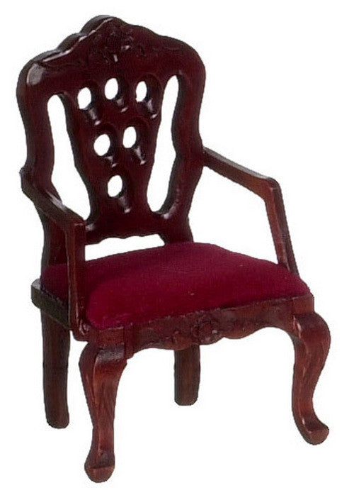 Victorian Carved Back Armchair- Mahogany with Red