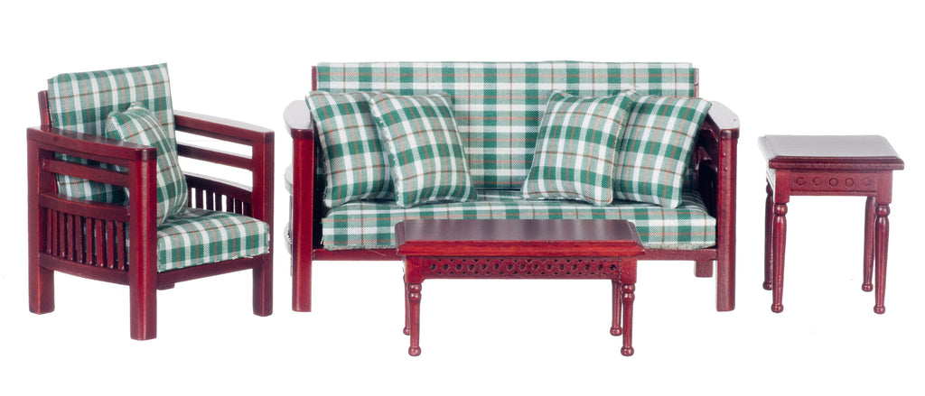 Modern Living Room Set of 4 - Mahogany with Green, Tan, and White plaid
