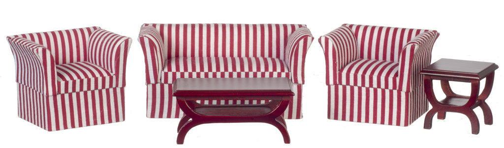 Modern Striped Living Room Set of 5 - mahogany with red stripes