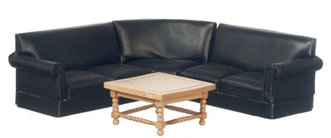 4 pc Leather Corner Sofa Set - black and Oak