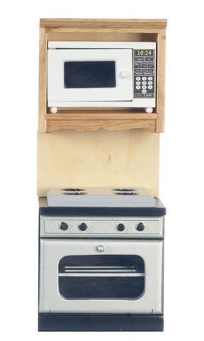 Modern Stove, Oven, and Microwave Set - oak , white, and silver