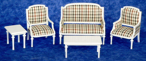 5 pc Victorian Living Room Set - White with Plaid