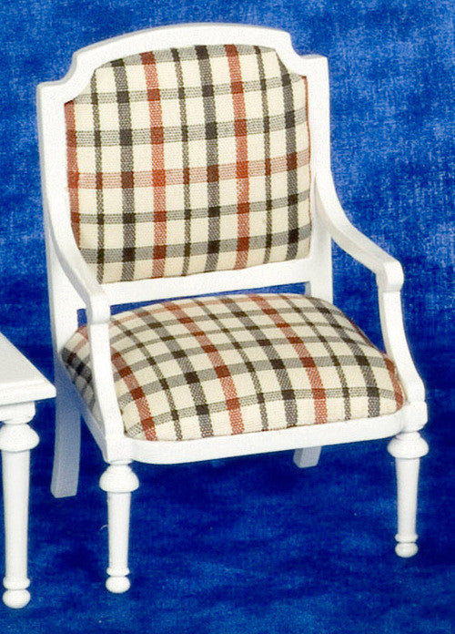 Victorian Open Arm Armchair - White with Plaid