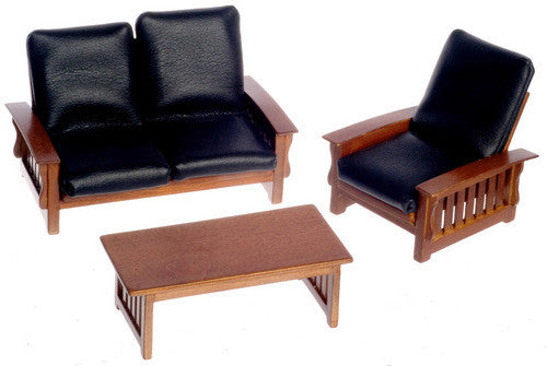3 pc Modern Leather Living Room Set - Walnut with Black Leather