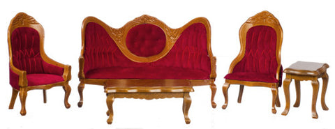 5 pc Victorian Living Room Set - Walnut with Red