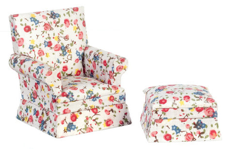Traditional Floral Chair and Ottoman Set - mahogany with pink, green, white, green and blue
