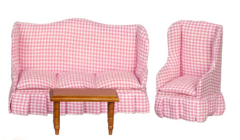 3 pc Traditional Gingham Living Room Set - Walnut with Pink and White