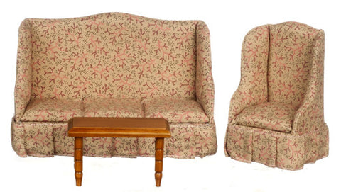 3 pc Traditional Living Room Set - Walnut with tan and pink