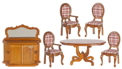 6pc Victorian Dining Room Set - Walnut with Red and White Plaid