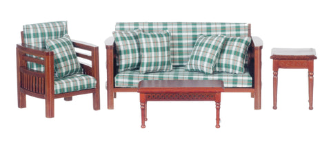 4 pc Modern Plaid Living Room Set - Walnut with Green Plaid