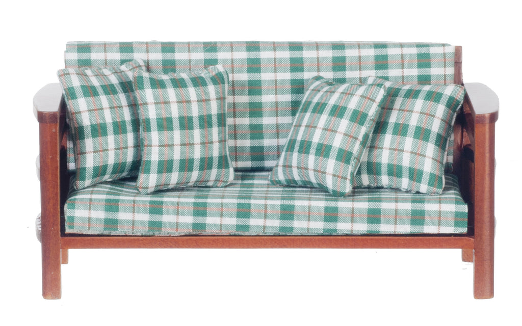 Modern Plaid Sofa - Walnut with Green Plaid