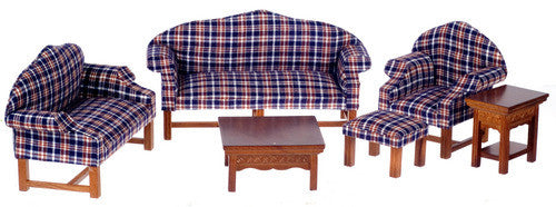 6pc Dark Plaid Living Room Set - Walnut - Navy and brown Plaid
