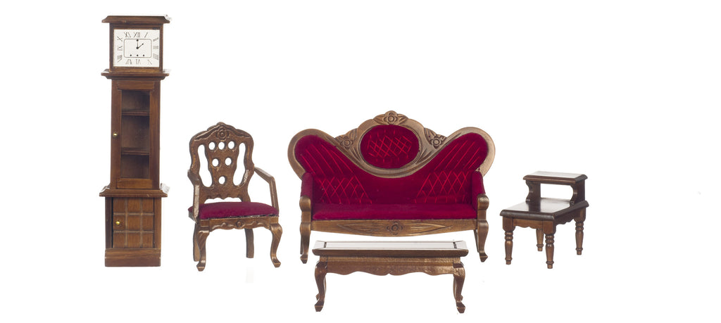 5 pc Victorian Living Room Set - Walnut with Dark Red